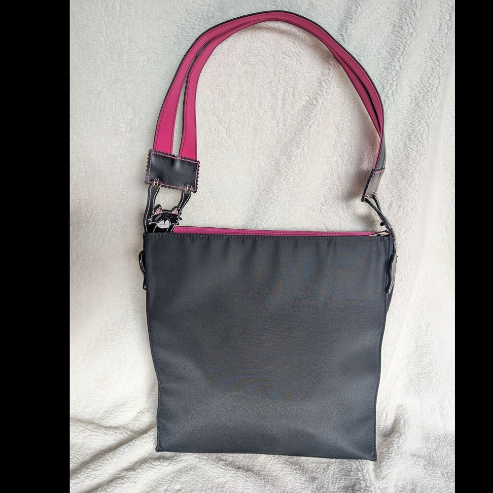 Michael Simon Black Cat Bag Purse Tote Hot Pink Leather embellishment Nylon Goth